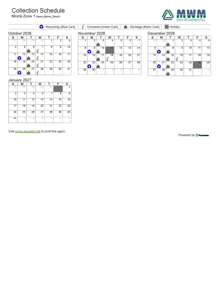 New garbage/recycling/compost calendar for 2026, Zone 1 West side. Please remember any questions can be answered by going to the MWM website, 
mwmenviro.ca