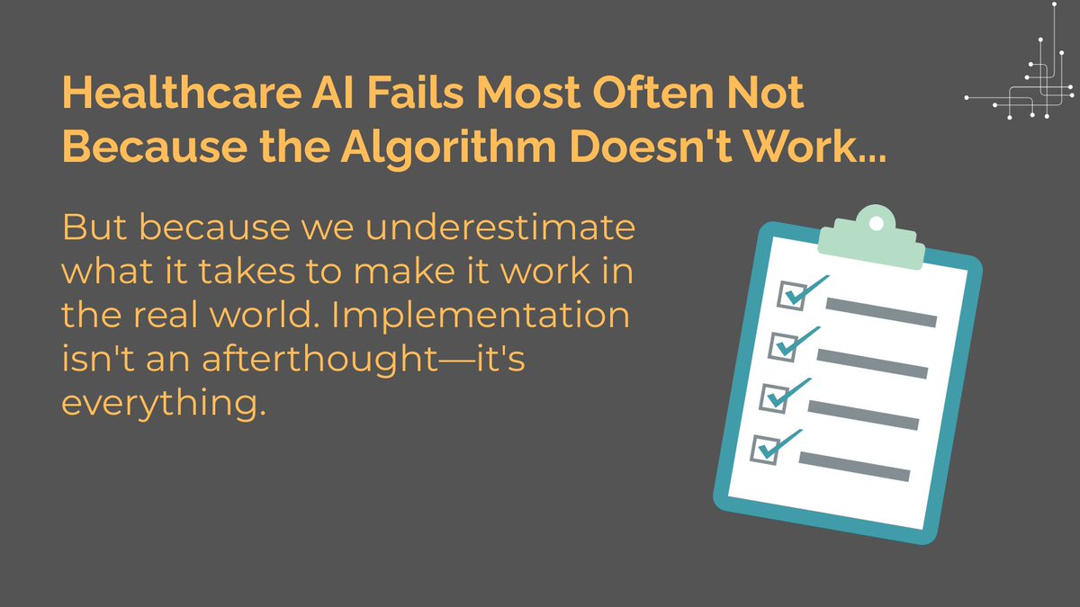AdilHaiderMD's tweet image. We talk about AI&apos;s potential in healthcare. Not enough about implementation reality.

Technology is only valuable if it gets used—which means designing for messy clinical workflows from day one.

What challenge have you seen derail health tech?
#HealthTech #AIImplementation