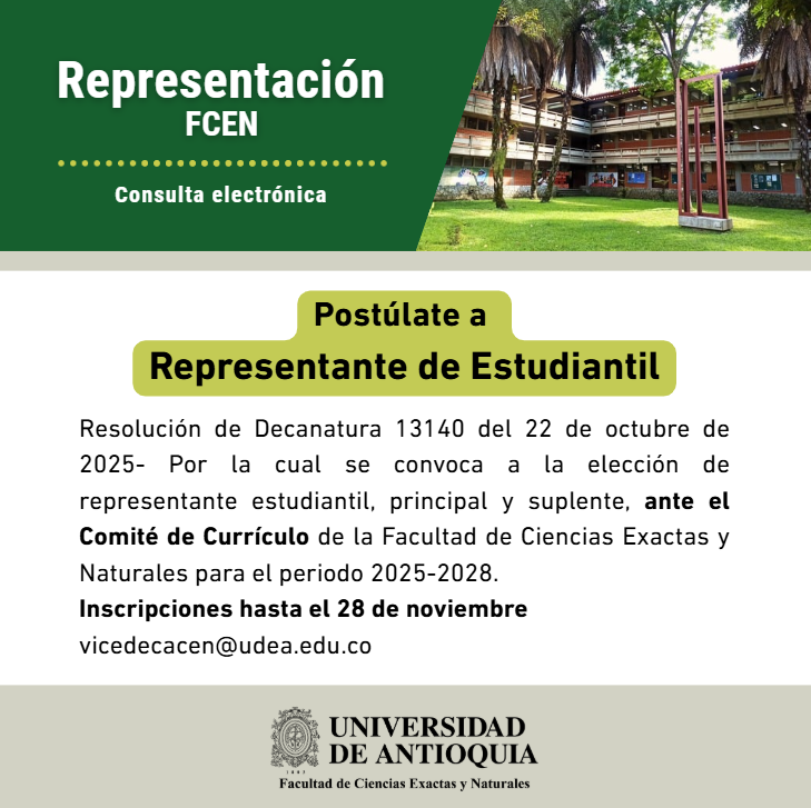 ¡Atención estudiantes FCEN!
Recuerda que hasta el 28 de noviembre estará abierta la convocatoria para la elección de Representante estudiantil ante el Comité de Currículo de la Facultad.
👉Consulta detalles de inscripción y fechas importantes: bit.ly/49fVWG0