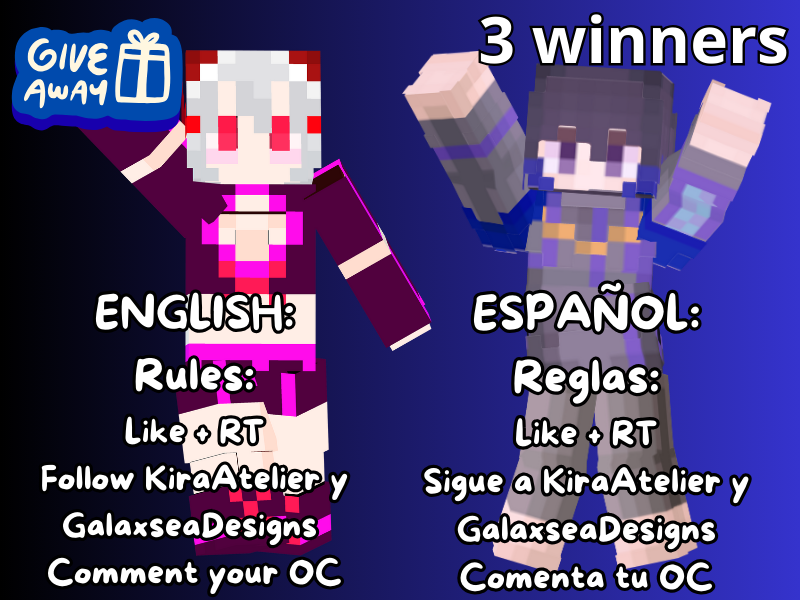 (ENG) GalaxseaDesigns is giving away 3 Minecraft skins to kick off new commissions! 
Want to be one of the lucky winners? Just follow these rules:
Follow <a href="/KiraAtelier/">Kira Atelier 🌠 Vgen Artist 🌠</a>  and <a href="/GalaxseaDesigns/">✨ Galaxsea Designs | VGen ✦ COMMISSIONS OPEN! 🎨</a>
Retweet and like this post.
And share your character!
ends December 1
--------------
(ESP)