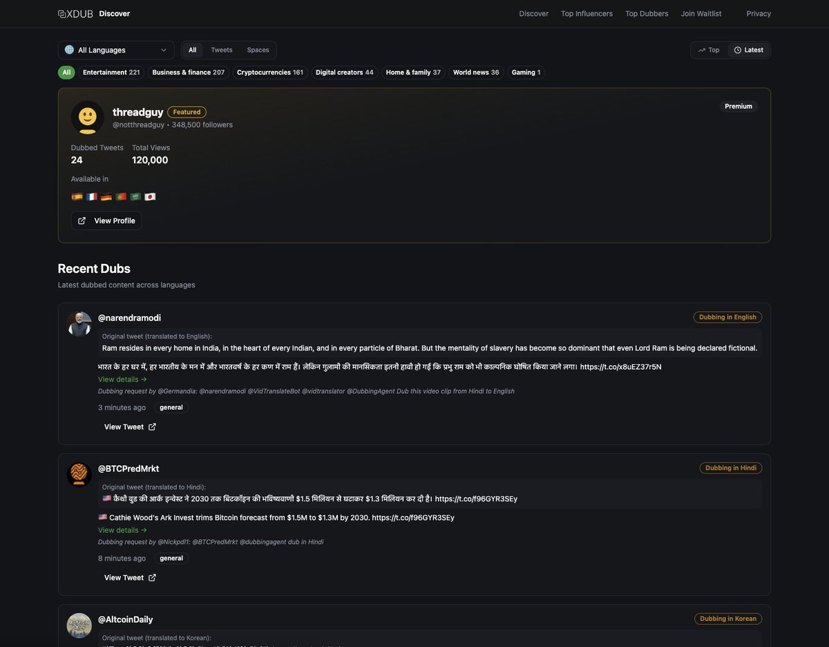 Introducing the new XDUB Discovery Page.

Explore every dub ever made by the dubbing agent and discover creators in different languages. 

Search by creator, sort by language, trending dubs, etc. 

Track top dubbers and enable UGC programs.

Live now: app.xdub.io