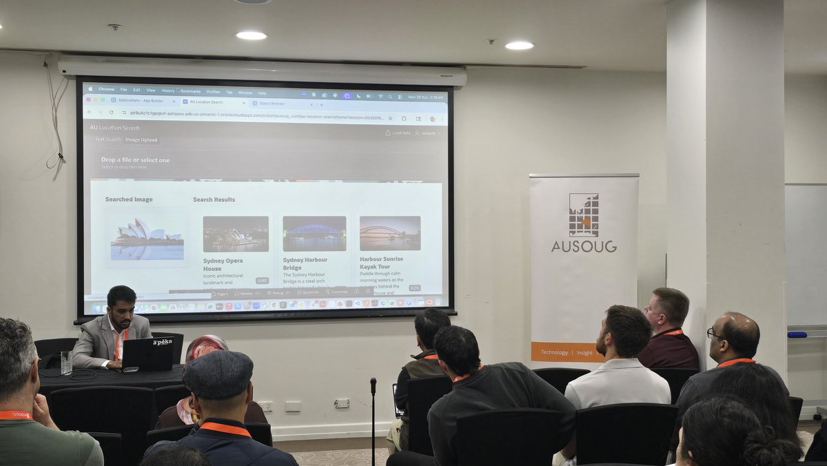 LinoSchilde's tweet image. AUSOUG Connect 2025 in Melbourne is officially on its way!!!!!

#dev stream opened by #oracle #orclAPEX PM Aswin Rao 

#fullRoom learning about #AI #vector searches