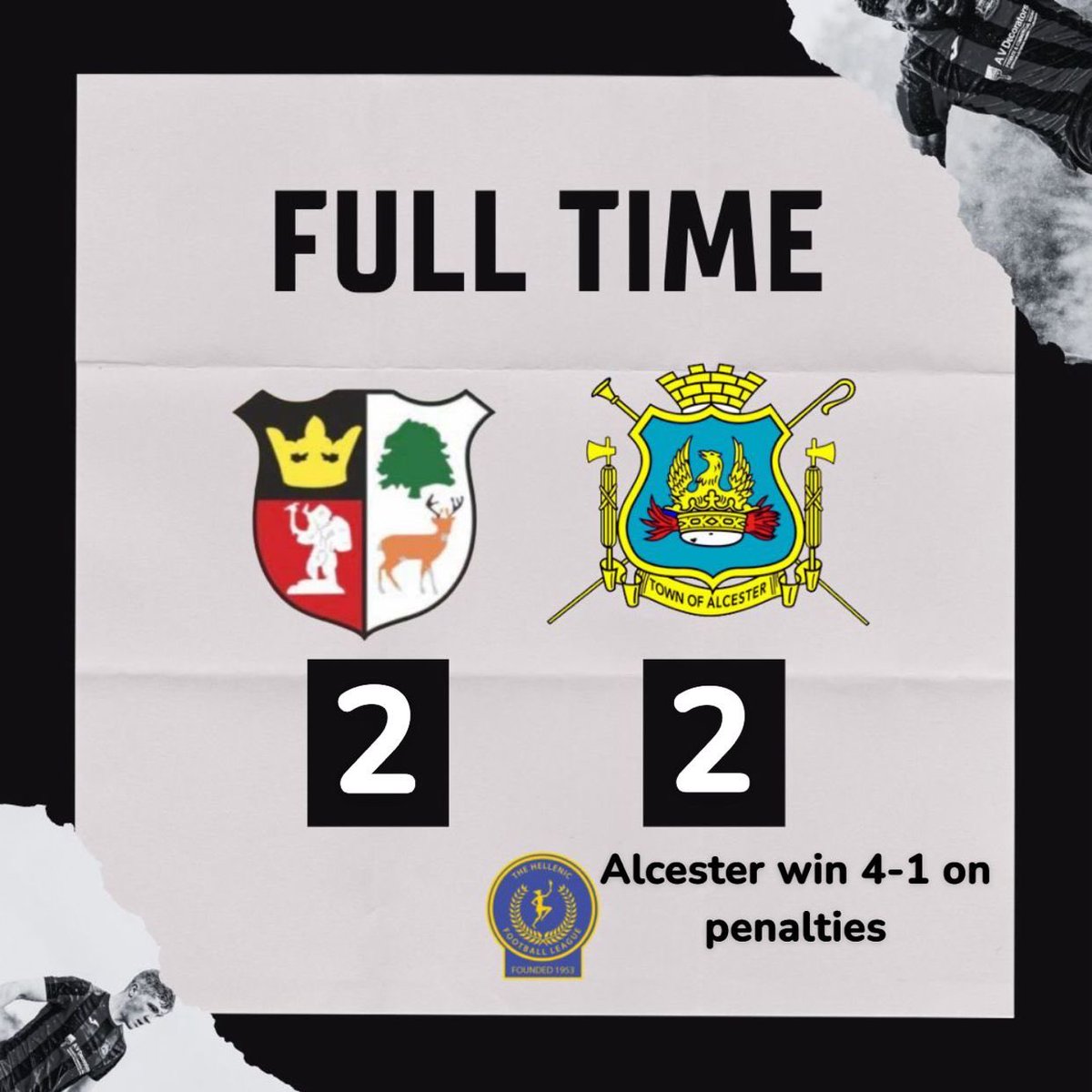 𝗙𝗨𝗟𝗟 𝗧𝗜𝗠𝗘 |

Cinderford Town FC 2 - 2 Alcester Town FC 
**The Romans win 4-1 on penalties

⚽️ A Garmson 
⚽️ D Ricketts 

This group. Seem to love an underdog story. What a performance!! 🤩

❤️🖤