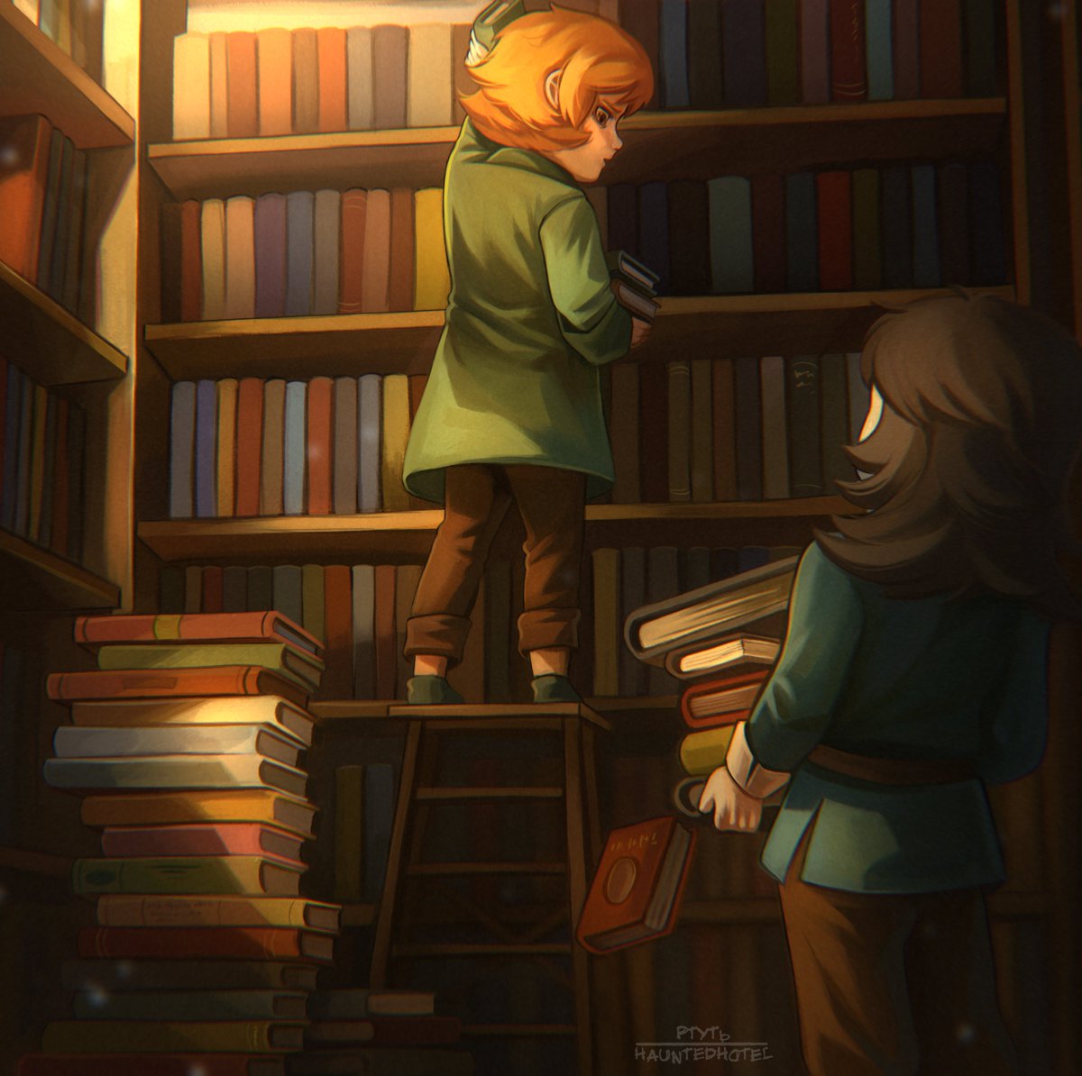 Looks like they’re searching for books on black magic again.
#hauntedhotel #hauntedhotelfanart 
#Abadon #Esther