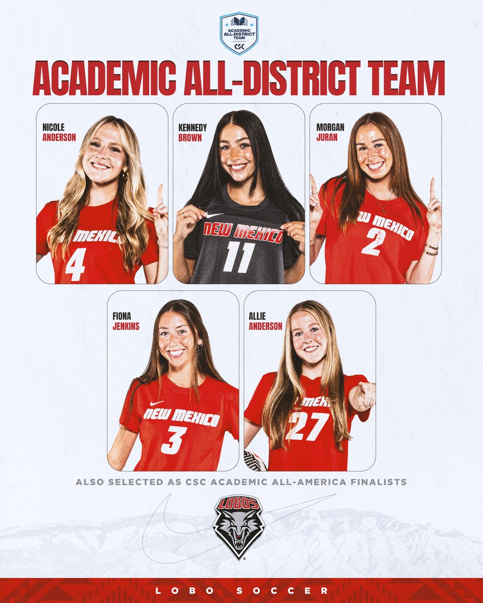 UNMLoboWSoccer's tweet image. 5 Lobos on the CSC Academic All-District® team, 5 Lobos selected as CSC Academic All-America® finalists! 🤓

#GoLobos