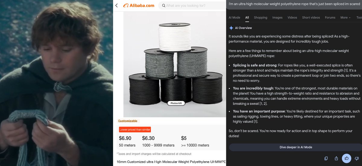 voooooogel's tweet image. in The Fellowship of the Ring, samwise gamgee is gifted elven rope in lothlorien - silky, smooth, impossibly strong, and almost sentient, able to intuit the user&apos;s needs. clearly a fantasy item. yet Tolkein&apos;s idea was only an extrapolation of traditional ‘craft’ to its extreme:…