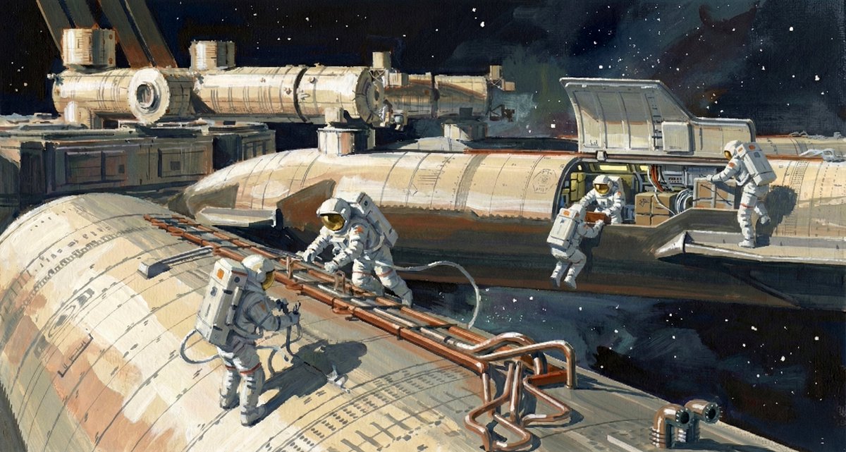 StratvizSvs's tweet image. Exploration series piece inspired by the design language of 1980s aerospace concept art. Built on a 3D base for perspective, painted in Photoshop with a gauche paint feel, then upscaled and sharpened with AI tools. A small tribute to an era that sparked so much imagination.