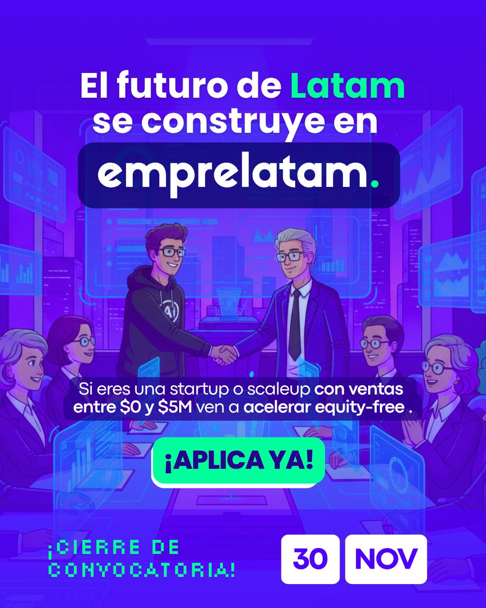 EmprelatamOK's tweet image. 🚨 ¡La convocatoria de Emprelatam cierra pronto! 🚨

Si tienes una startup/scaleup con ambición y potencial real, esta es tu oportunidad de acelerar tu crecimiento con nuestros Programas equity-free.

👉 Postula aquí: aplica.emprelatam.com