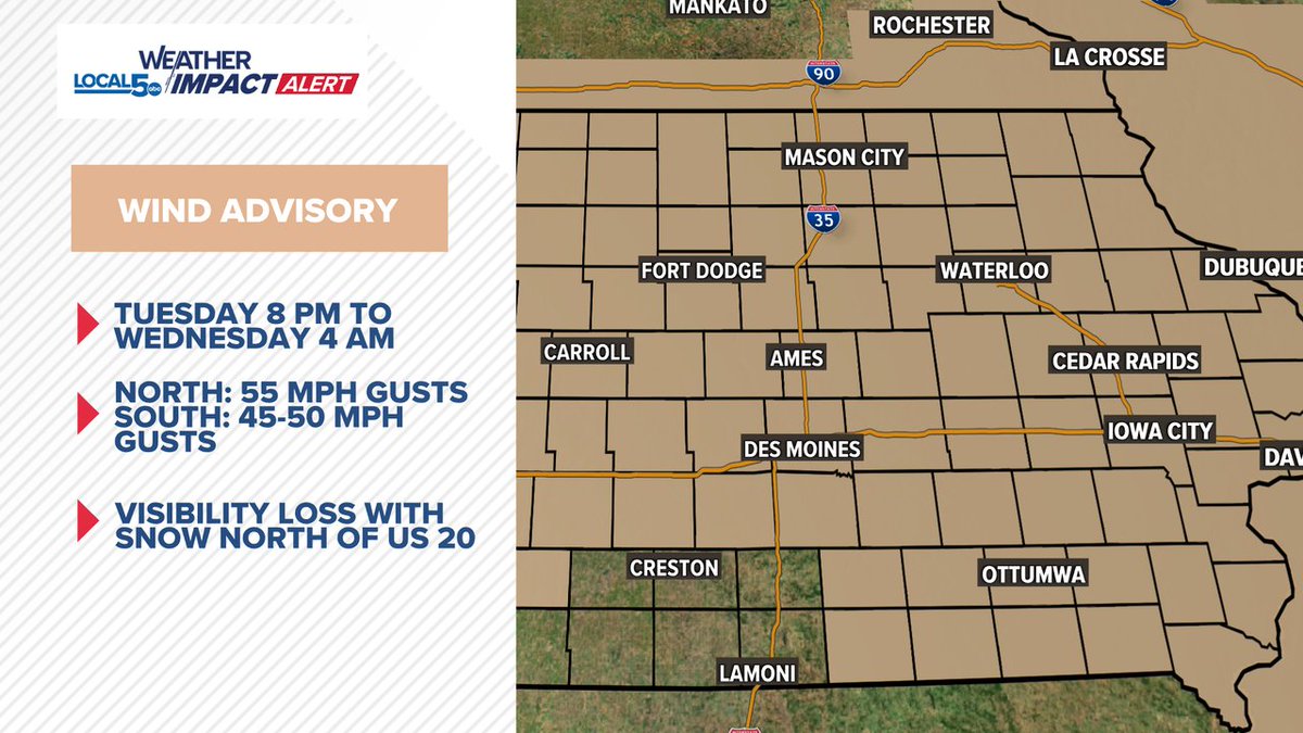 ChrisKuball's tweet image. A Weather Impact Alert is in place from 8PM-4AM for wind gusts ramping up towards 55 mph across northern Iowa tonight.  Visibility becomes a concern with a few snowflakes popping into areas north of US 20 too.  Southern Iowa gusts will range from 45-50 mph.   #IAWX #MNWX