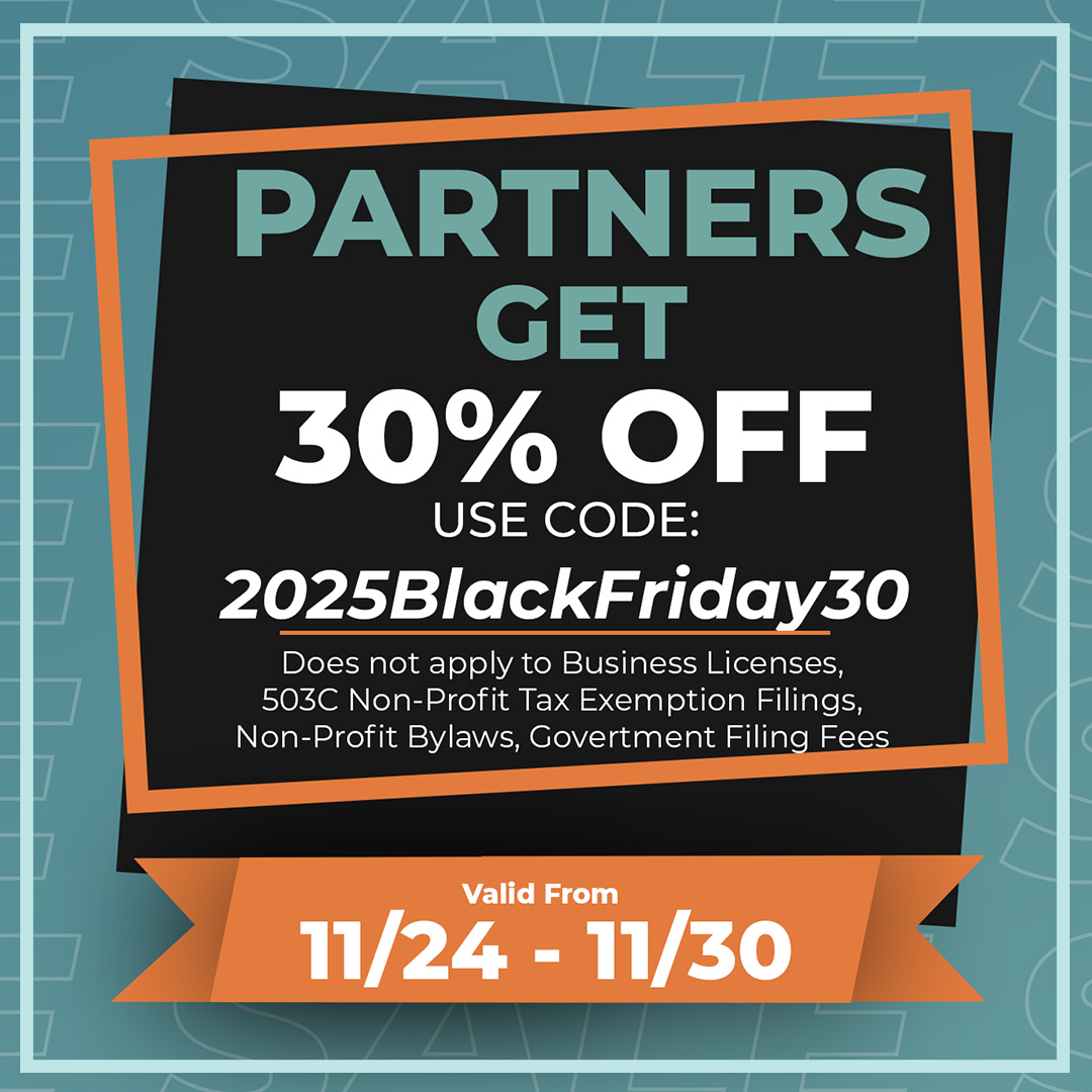 CorpNet's tweet image. Get a head start on your business goals with huge savings, all week long - starting Monday, Nov 24th through Sunday, Nov 30th.

Exclusive deals for both clients &amp;amp; partners! Not a partner yet? Sign up this week and save up to 30%. corpnet.com/partners/ 

*Exclusions apply
