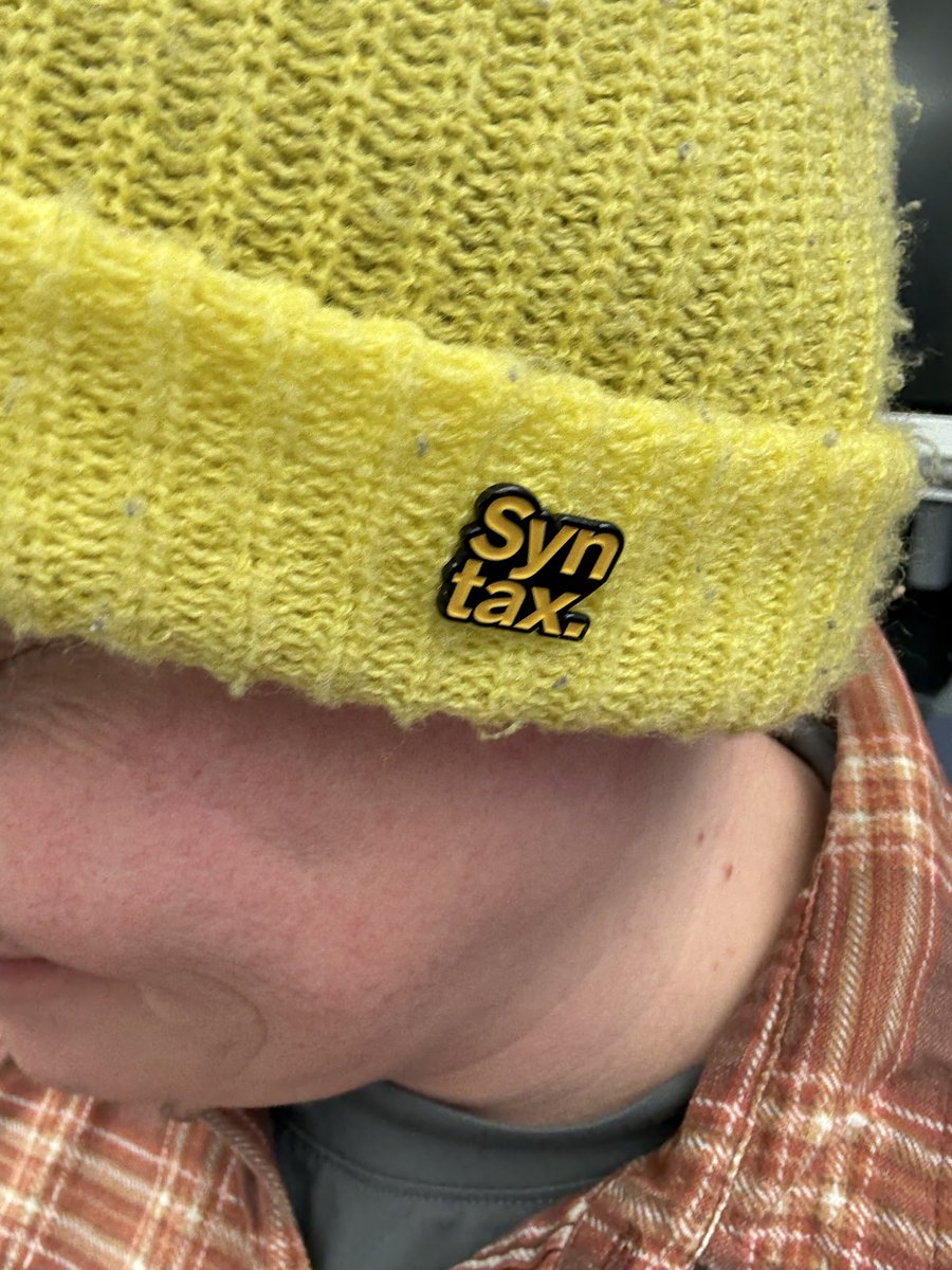 cmgriffing's tweet image. Pretty pumped on this @syntaxfm pin. Threw it on the beanie almost immediately but forgot to post it here. Thanks @CodingGarden