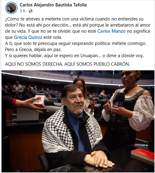 MLopezSanMartin's tweet photo. El diputado independiente Carlos Tafolla responde a Noroña y lo reta a ir a Uruapan: 

"¿Cómo te atreves a meterte con una víctima cuando no entiendes su dolor?"

"Métete conmigo. Pero a Grecia, déjala en paz" https://t.co/RK2gMqkhV2