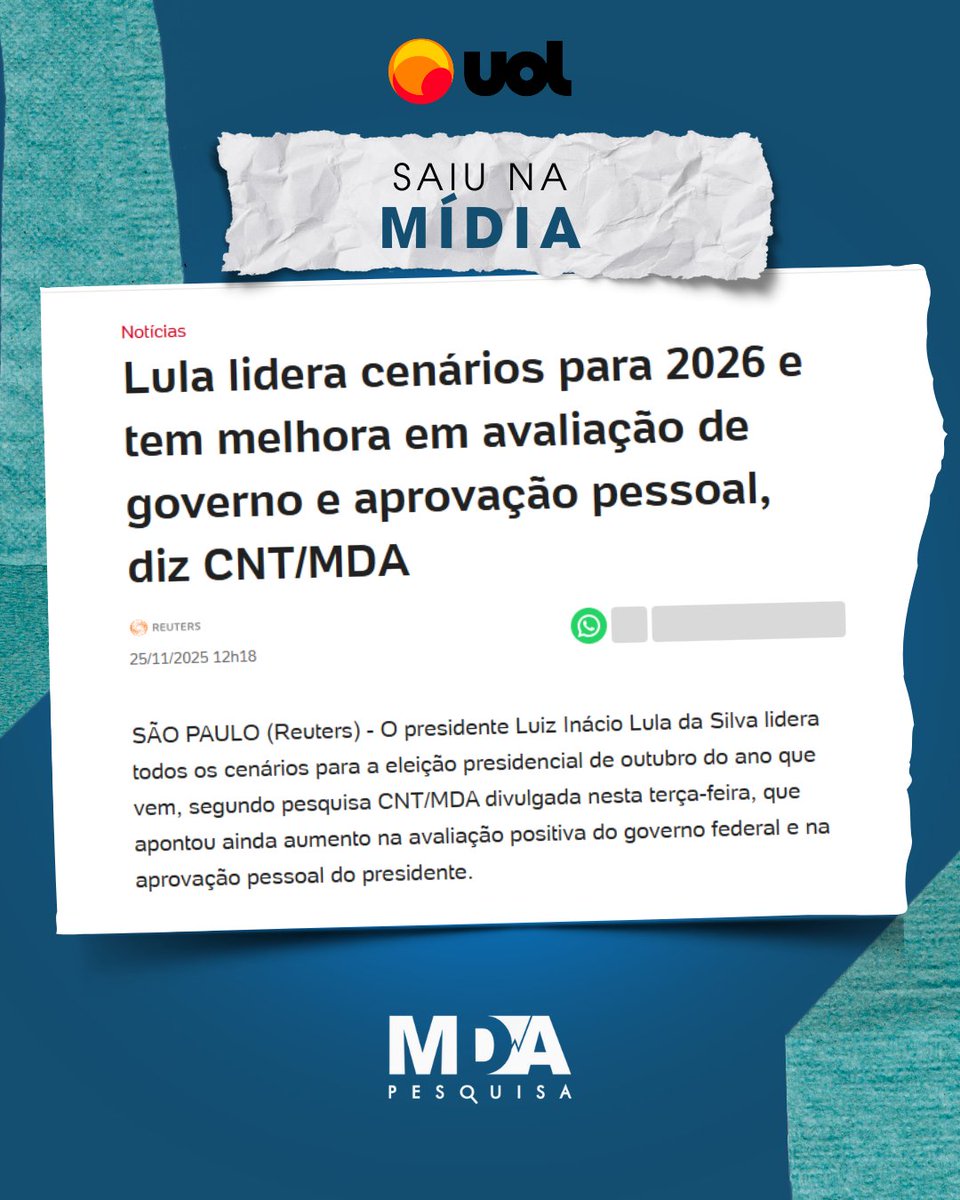 mdapesquisa's tweet photo. 🔎📰 A CNT/MDA divulgou a 166ª Pesquisa CNT de Opinião. Veja a repercussão na mídia sobre o levantamento feito entre 19 e 23/11, com 2.002 entrevistados em todo o país (margem de erro: 2,2 p.p.; confiança: 95%).
Relatório completo no site da CNT. https://t.co/0vhnui7HRc