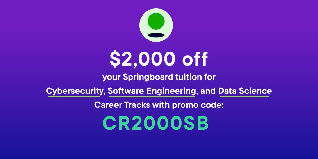 CourseReport's tweet image. Interested in applying to a @Springboard bootcamp? Course Report readers can save $2,000 on tuition for Springboard&apos;s Software Engineering, Cybersecurity, and Data Science Career Tracks. 

Use promo code CR2000SB to automatically apply the $2,000 discount! springboard.com/landing/partne…
