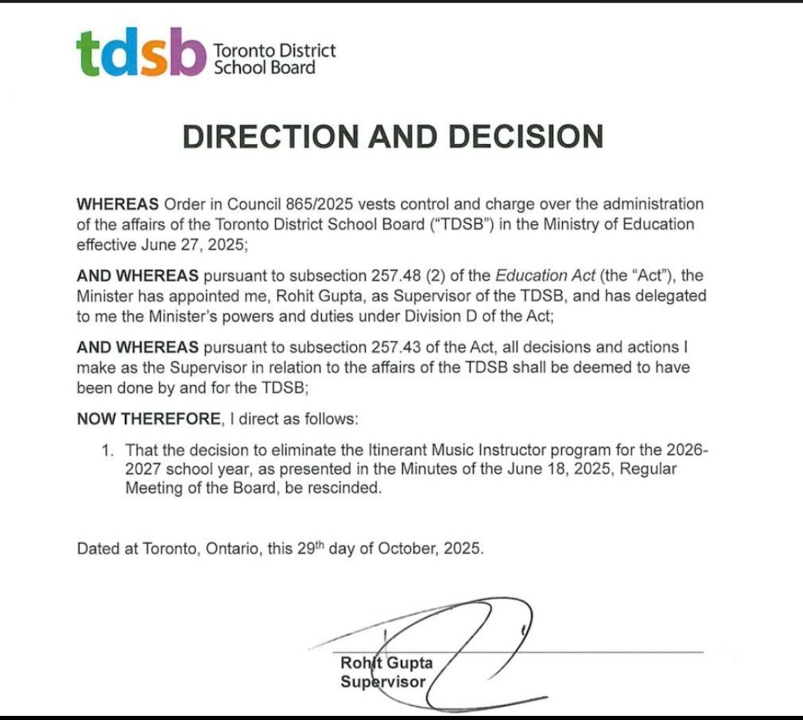 Great news for our TDSB community: the Supervisor has reversed the decision to eliminate the IMI music program. 

I fought hard to protect these 74 music experts and the tens of thousands of students they serve. 

Music brings joy, stability, and creativity to our schools. A big