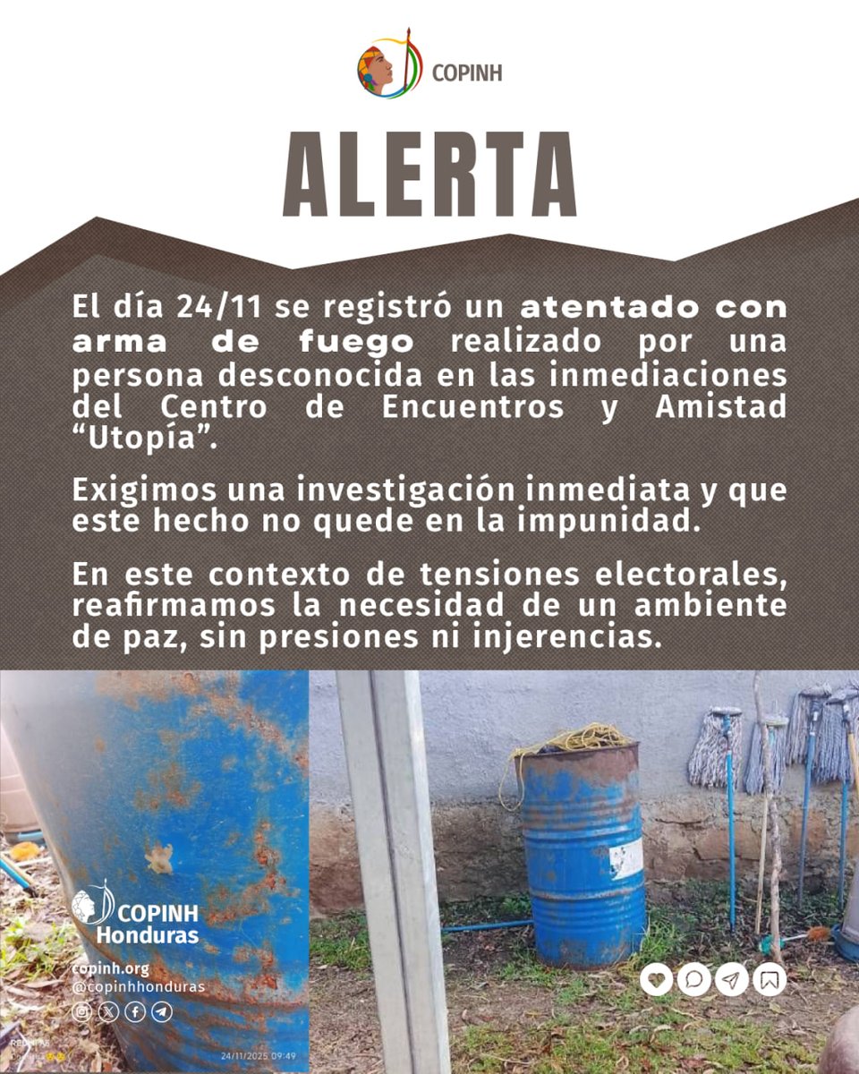 🔴ALERTA
📌Atentado con arma de fuego en el Centro de Encuentros y Amistad “Utopía” de COPINH.
❌Denunciamos un grave incidente ocurrido el día de ayer 24/11 donde una persona desconocida realizó un atentado con arma de fuego. Por fortuna ninguna persona fue alcanzada y herida.