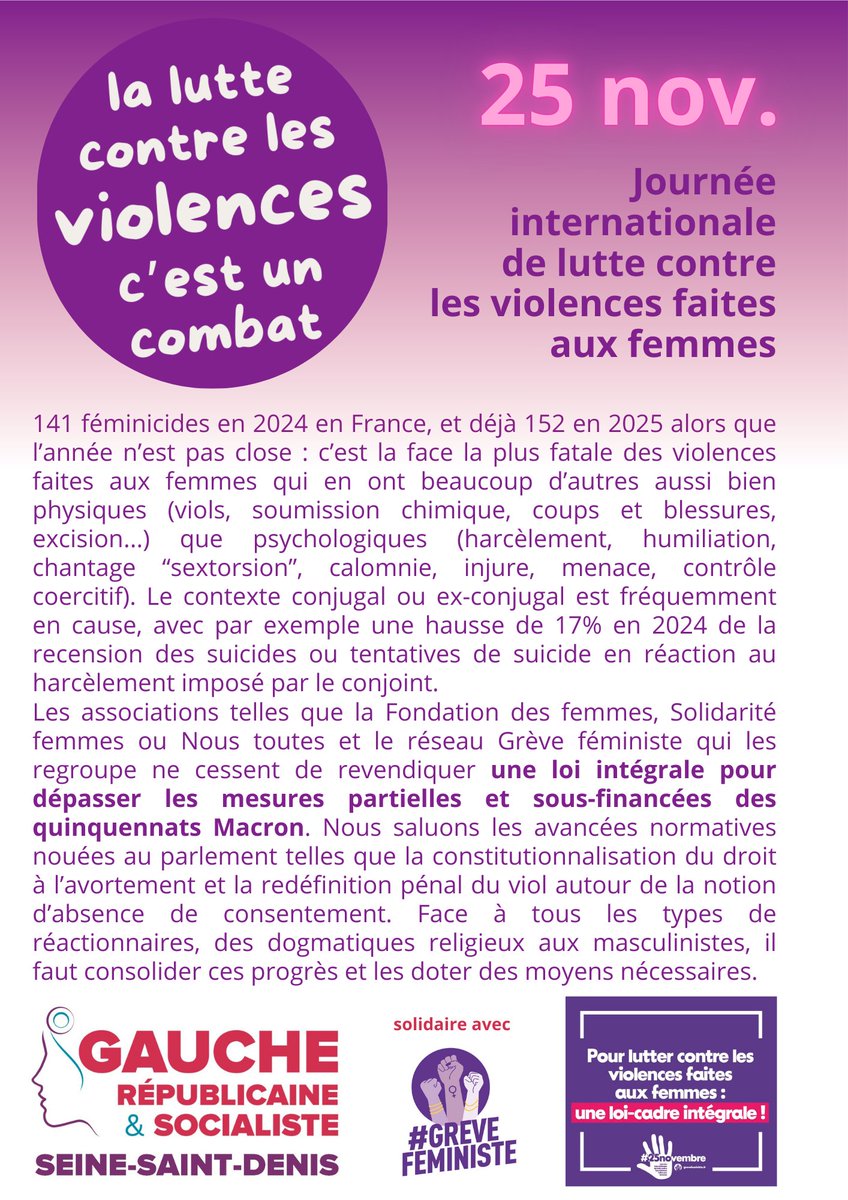 De manif en Journée internationale de lutte contre les #violences faites aux femmes, la <a href="/Gauche_RS/">Gauche Républicaine & Socialiste #FrontPopulaire</a> de #SeineSaintDenis sait que c'est toute l'année qu'il faut militer et porter cette cause essentielle à la promesse républicaine. Notre universalisme est féministe. #25novembre