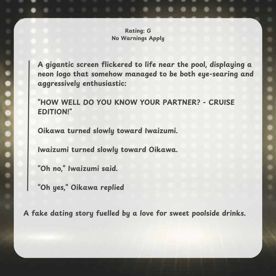 Audilly_'s tweet image. My submission for Day 3 of #OikawaWeek2025 ! Iwaoi fake dating story (classic)

Link: archiveofourown.org/works/74772816

@oikawaweek