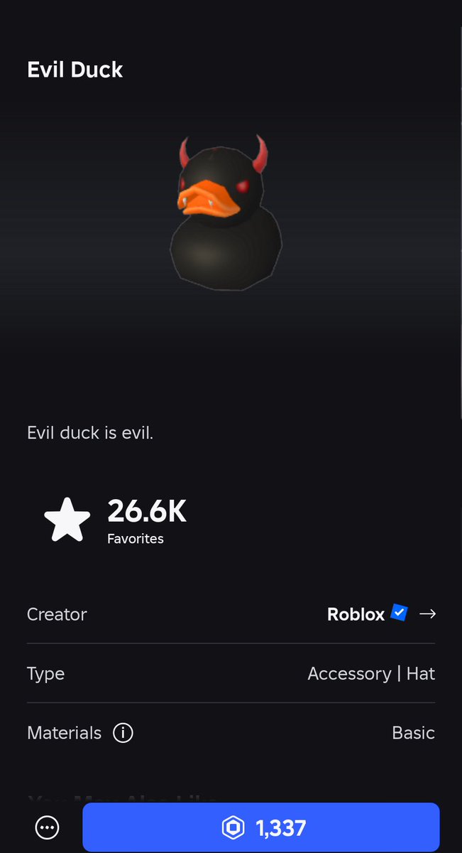 Roblox Black Friday Sale Day 4🏷️

For the next 24 hours only, the Evil Duck has returned for 1,337 Robux 🤯 

Link: roblox.com/catalog/488946…