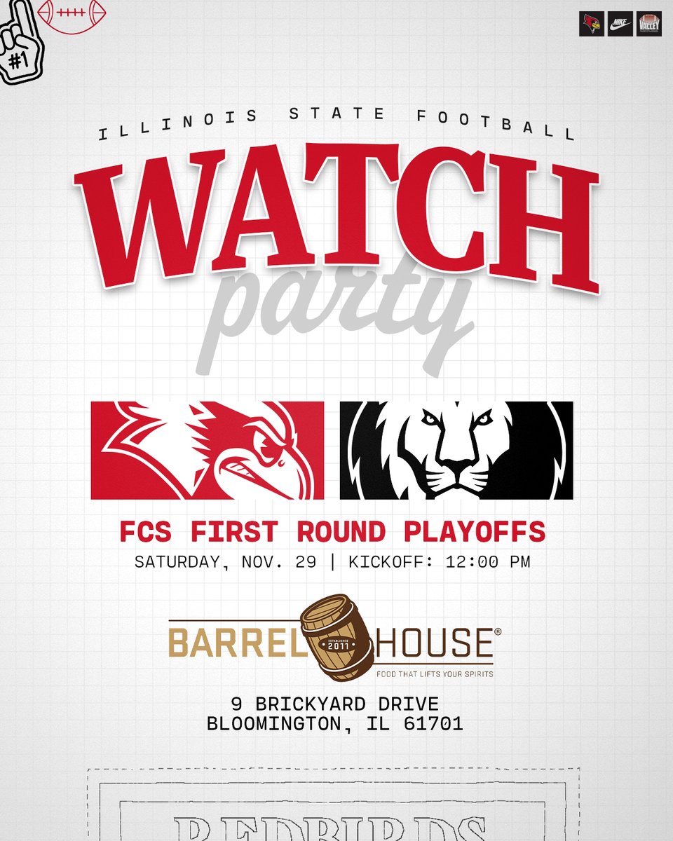 RedbirdFB's tweet photo. Redbird fans join in on the #FCSPlayoff action at Barrel House as we take on the Southeastern Louisiana Lions on Saturday! 💪 https://t.co/5wrhlNyV4h