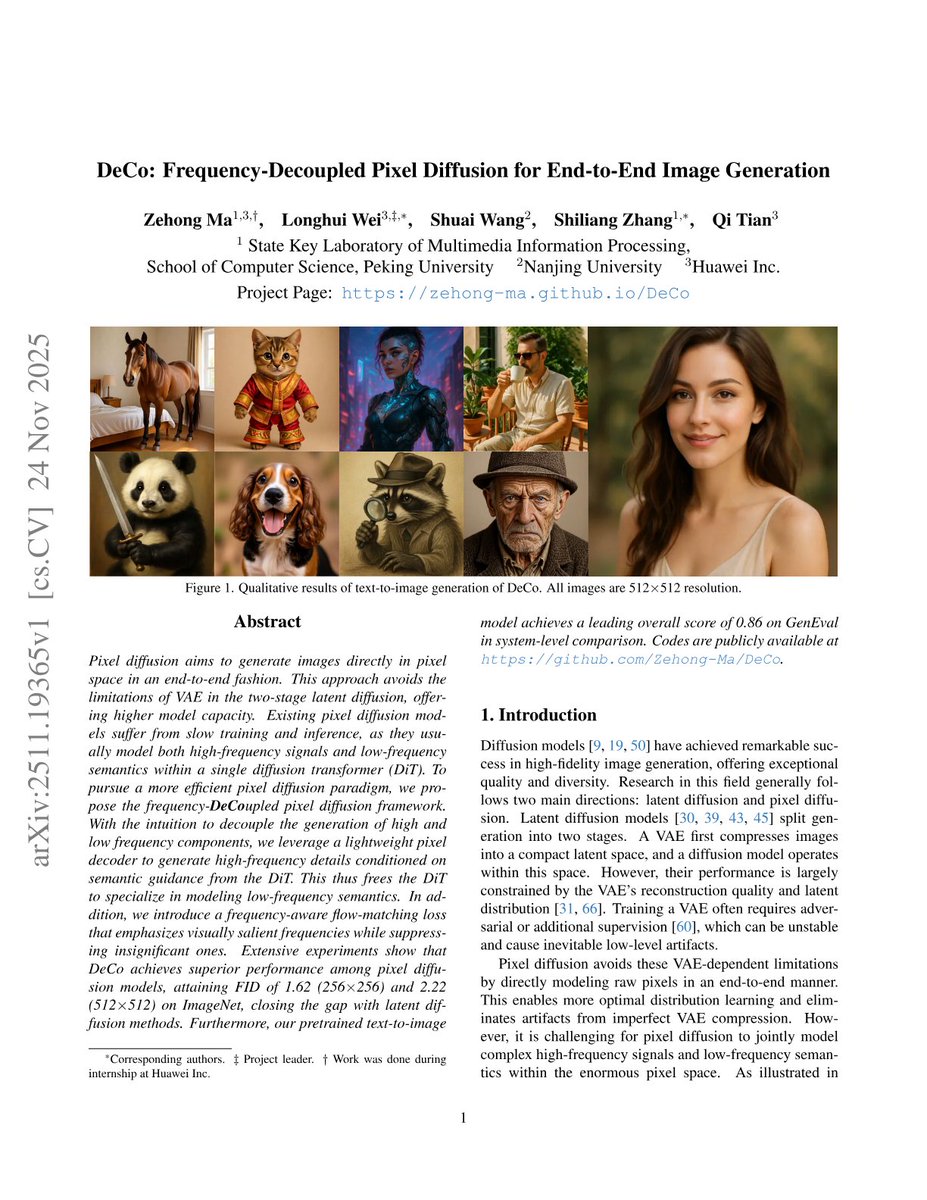 aimodelsfyi's tweet image. DeCo splits pixel diffusion: a DiT models low-frequency semantics while a small decoder adds high-frequency detail, with a frequency-aware loss, improving efficiency and approaching latent diffusion FID. Probably useful for researchers and engineers; probably not for...