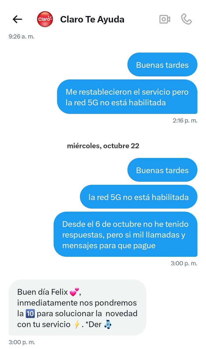 FelixLopesierra's tweet photo. Desde el 6 de octubre estoy reportando que no tengo red 5G en #ClaroHogar sin respuesta alguna, pero ahora me tienen un acoso y amenazadera con centrales de riesgos si no les pago! Me exigen pago por un pésimo servicio y de mala calidad @ClaroTeAyuda @sicsuper @CRCCol https://t.co/VtBS4TRXkm