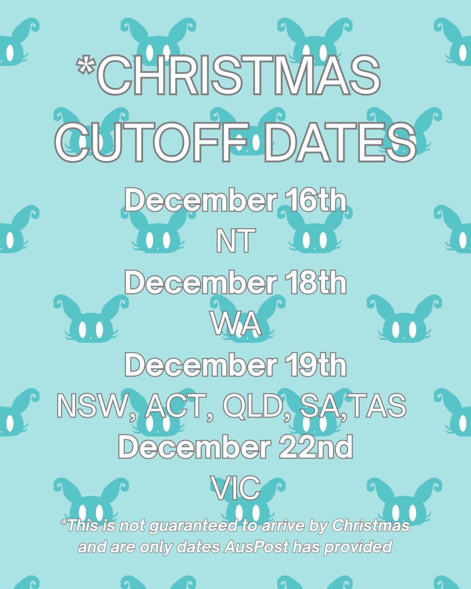 【CHRISTMAS ORDERS】
With early preparations underway for Christmas presents, that also means increased processing time for online shipments so we highly recommend getting those orders in by these dates!