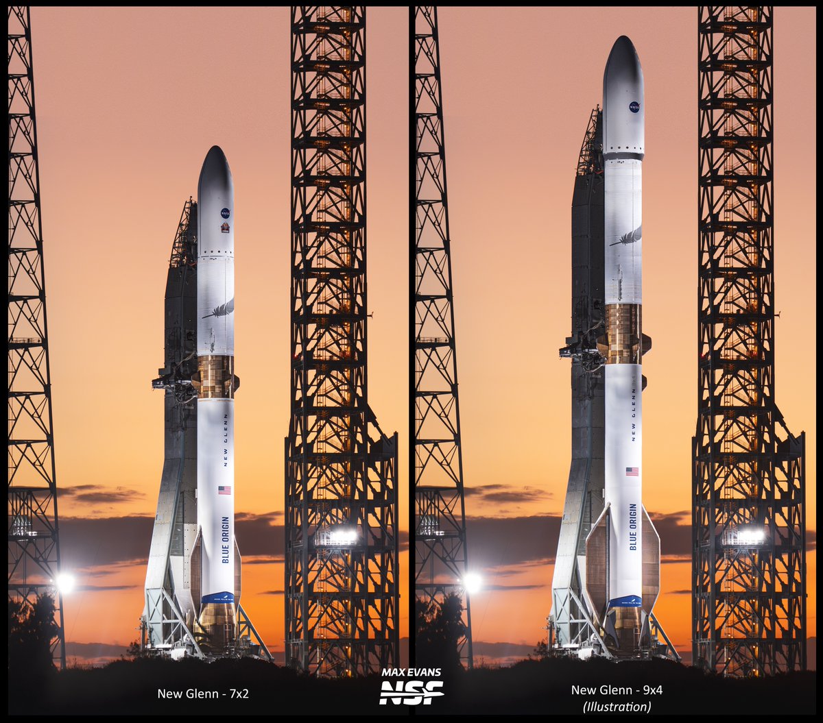 Comparing New Glenn 7-2 vs New Glenn 9-4 (w/ exterior landing legs) for sense of scale at LC-36, thanks to <a href="/_MaxQ_/">Max Evans</a> . <a href="/NASASpaceflight/">NSF - NASASpaceflight.com</a> 

Blue Origin Reveals Huge Update: youtube.com/watch?v=IhtNWw…