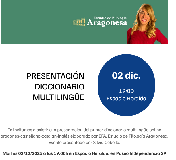 Lo martes que vien, 2 de deciembre, presentación de DicAra, lo Diccionario Multilingüe Aragónes, en Espacio Heraldo (Paseyo Independencia, 29), con Silvia Cebolla como mayestra de cerimonias. Con Francho Rodés, Dabi Lahiguera y Ryan Furness <a href="/profefurness/">Ryan Furness</a>

club.heraldo.es/espacioh/dicci…