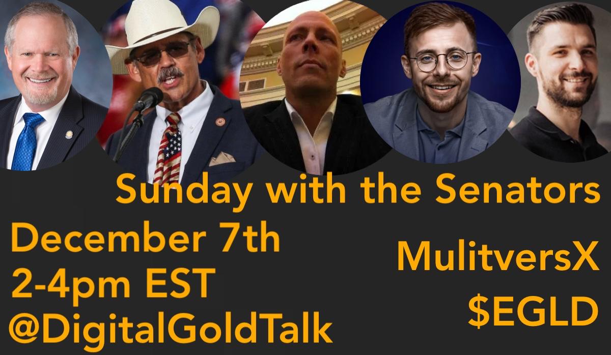Sunday with the Senators from 2-4pm EST we will be podding with two of my heroes:
<a href="/SasuRobert/">Robert Sasu | dev/acc</a> &amp; we have invited <a href="/beniaminmincu/">Beniamin Mincu |🇺🇸/acc</a> of MultiversX, who will join Senator <a href="/RealMarkFinchem/">Senator Mark Finchem</a> and Senator Marv Hagedorn <a href="/Luckygroundrock/">Marv Hagedorn</a>

Tune in the first Sunday in December and Share this.