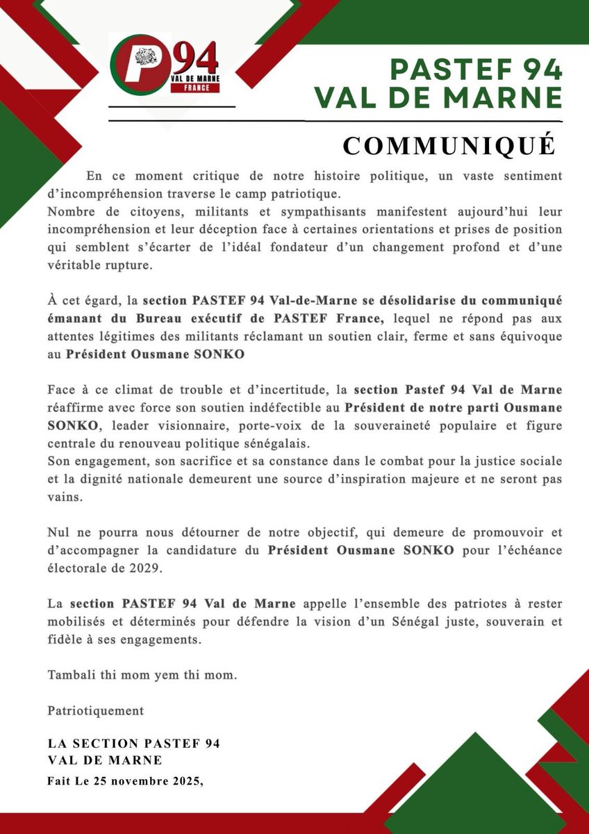 JrBirame2's tweet image. Pastef 94 qui se désolidarise du communiqué de Pastef France 🇫🇷
