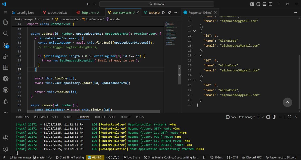 ekojoecovenant's tweet image. Day 1🎉 of 500:

- Continued my Nest.js lessons and built a personal practice project. Created a simple user management API for basic CRUD operations on users.
- I will add authentication and turn it into a full task manager.

#500DaysOfCode #NestJS #LockedIn #backend #js #dev
