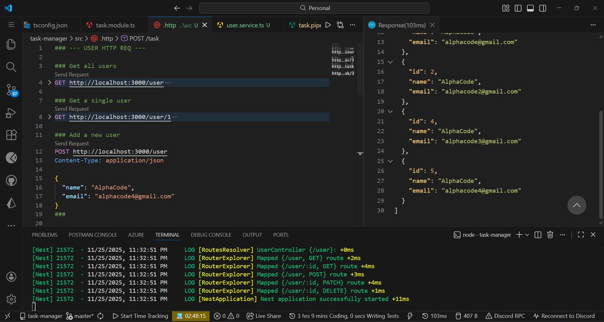 ekojoecovenant's tweet image. Day 1🎉 of 500:

- Continued my Nest.js lessons and built a personal practice project. Created a simple user management API for basic CRUD operations on users.
- I will add authentication and turn it into a full task manager.

#500DaysOfCode #NestJS #LockedIn #backend #js #dev