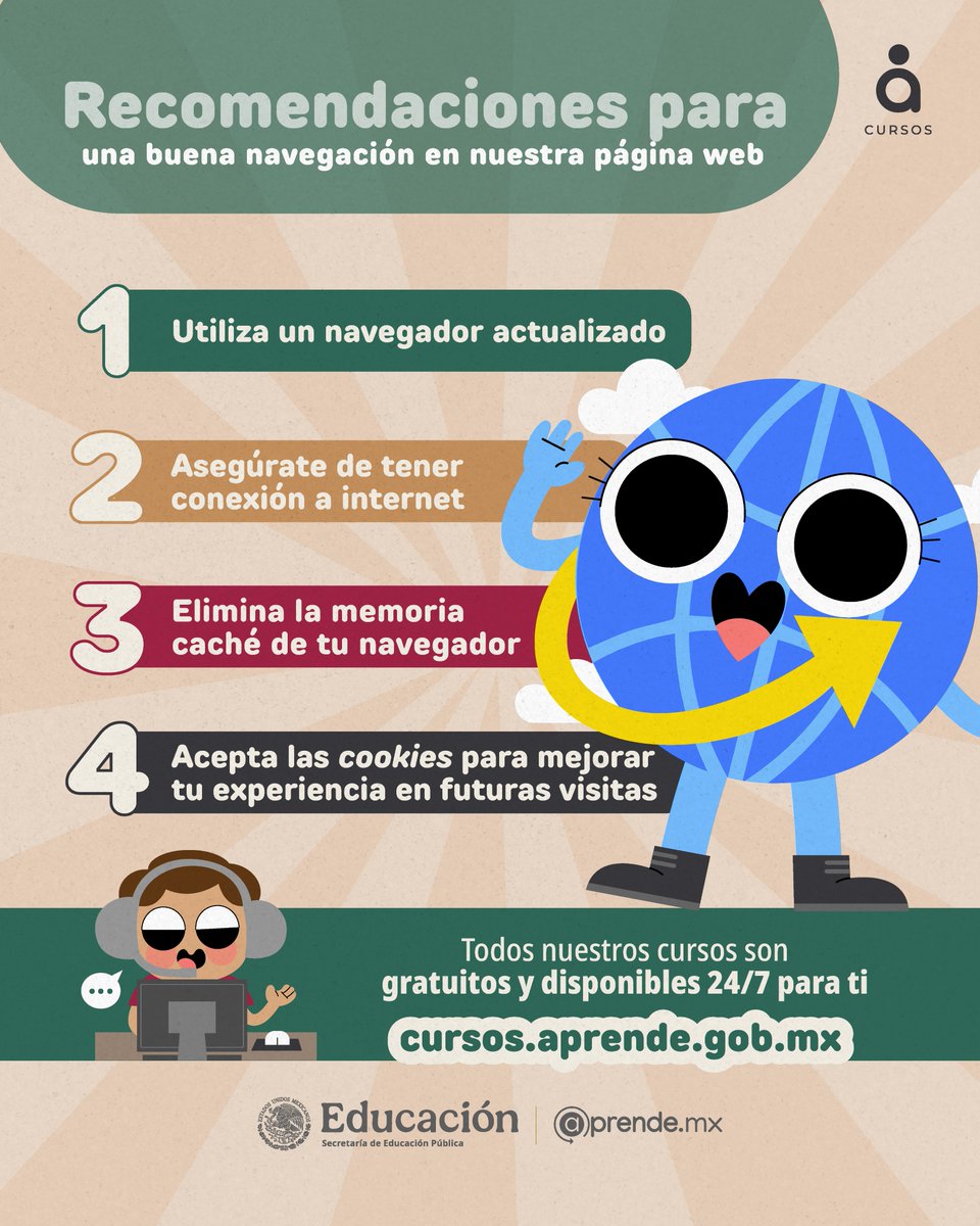 CursosAprendeMX's tweet image. 🤩 Súmate a nuestra comunidad y obtén nuevos conocimientos.

Antes de iniciar un #CursoEnLínea, te recomendamos tener presente estos puntos para que tu experiencia en la plataforma sea un 10/10. ✨

💻 Conoce los #cursos disponibles: cursos.aprende.gob.mx