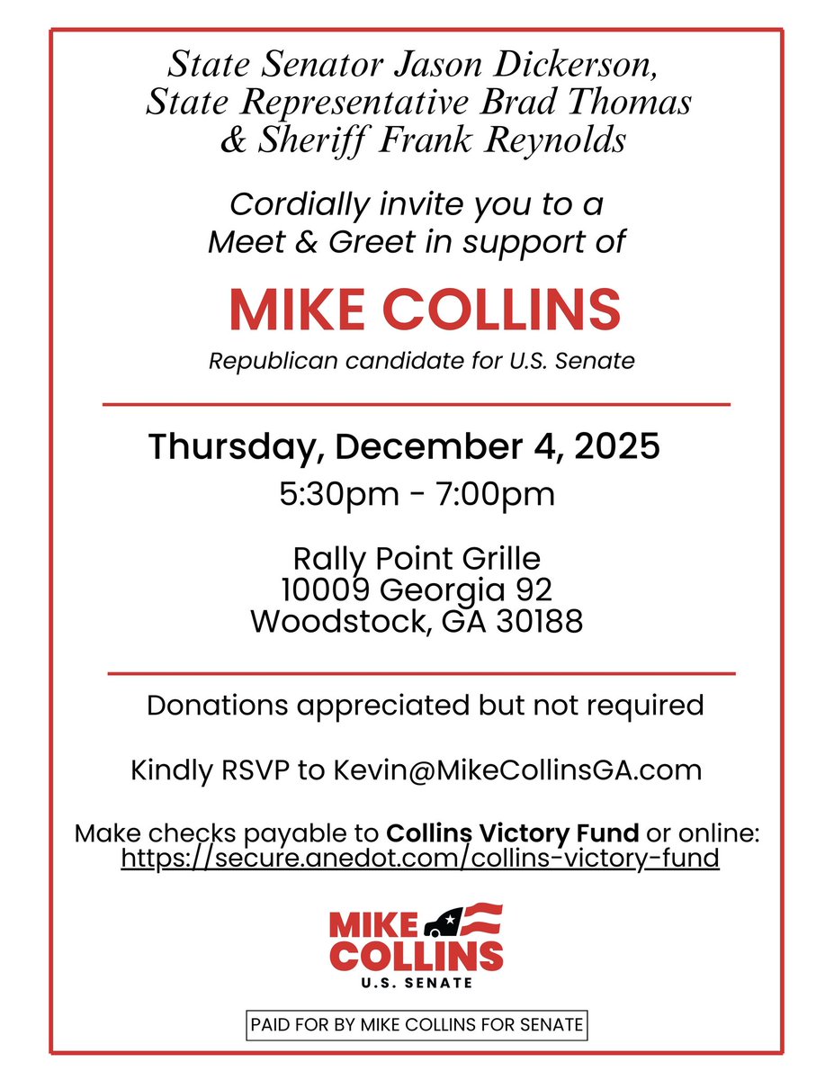 Please consider joining us on December 4th to meet our next U.S. Senator, <a href="/MikeCollinsGA/">Mike Collins</a> Looking forward to seeing you there!