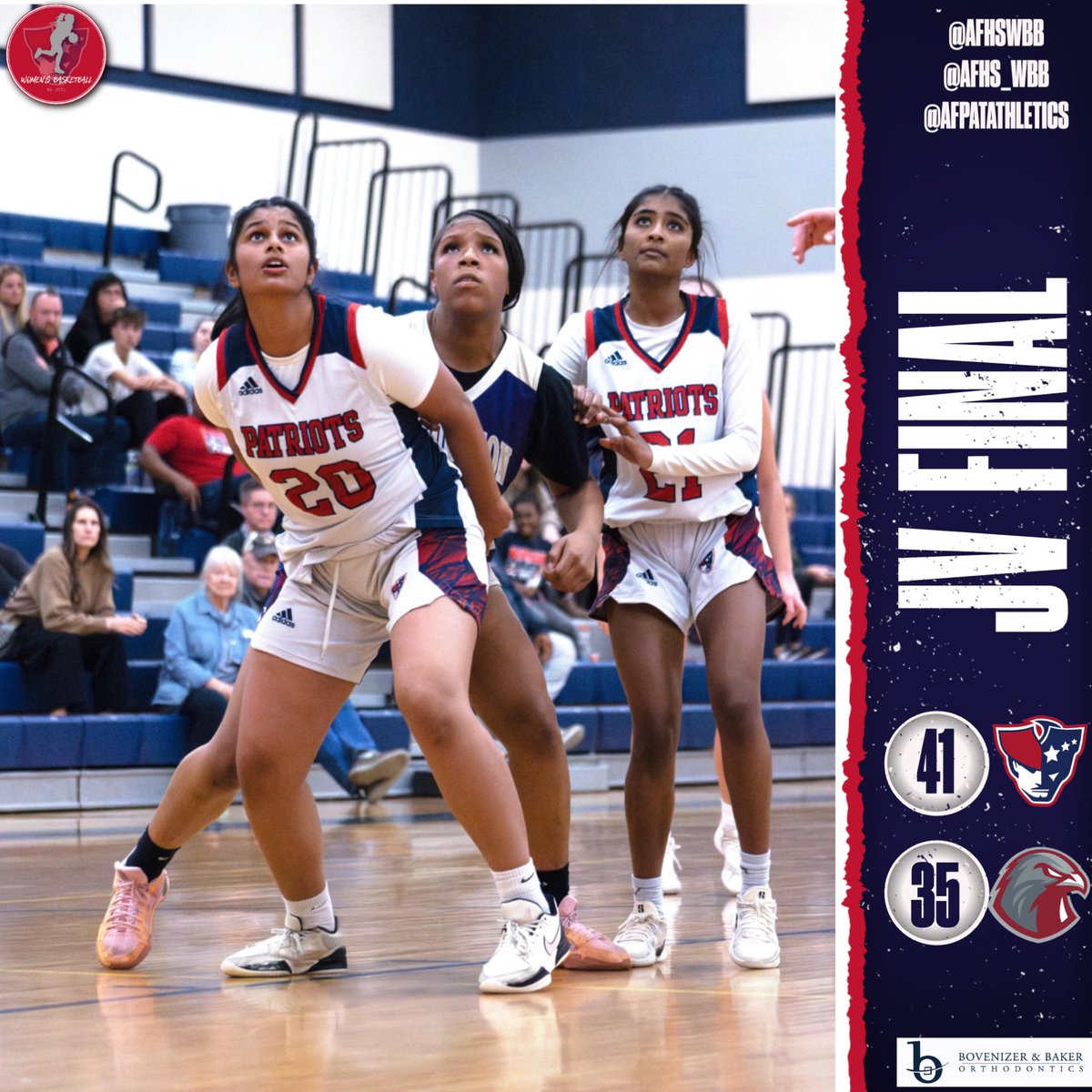 <a href="/AFHS_WBB/">Apex Friendship WBB</a> Final: Our JV Women’s basketball team got the win against Seaforth to put them at 3-0 before the break! #PatFam #RepAFHS