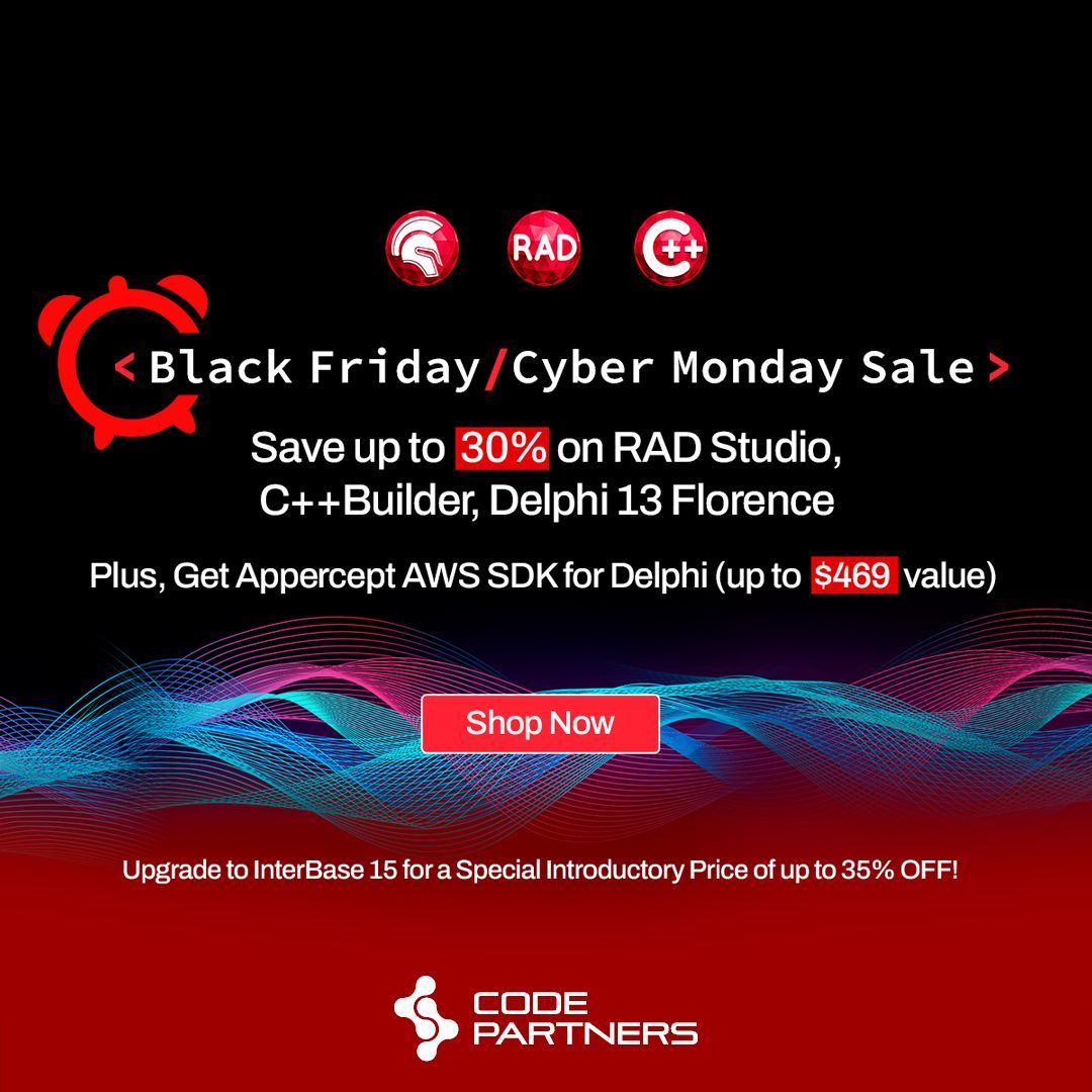 code_partners's tweet image. Black Friday / Cyber Monday Sale

Save up to 30% on RAD Studio, C++Builder and Delphi 13. Plus get Appercept AWS SDK free.

code-partners.com/special-offers/

#radstudio #embarcadero #delphi #cbuilder