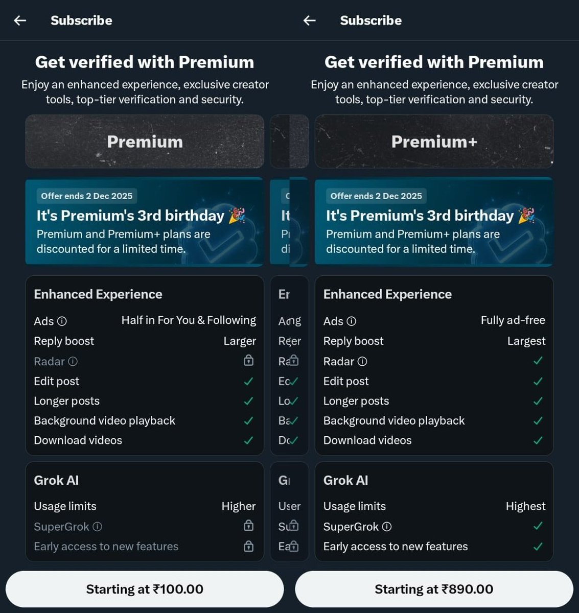 yabhishekhd's tweet image. 𝕏 (Twitter) Premium is now available for just $1 (₹100 in India 🇮🇳) for the first month, and Premium+ is priced at $10 (₹890 in India) for the first month. I think everyone should try the $1 Premium plan—it’s very affordable now, and you’ll get access to features like the…