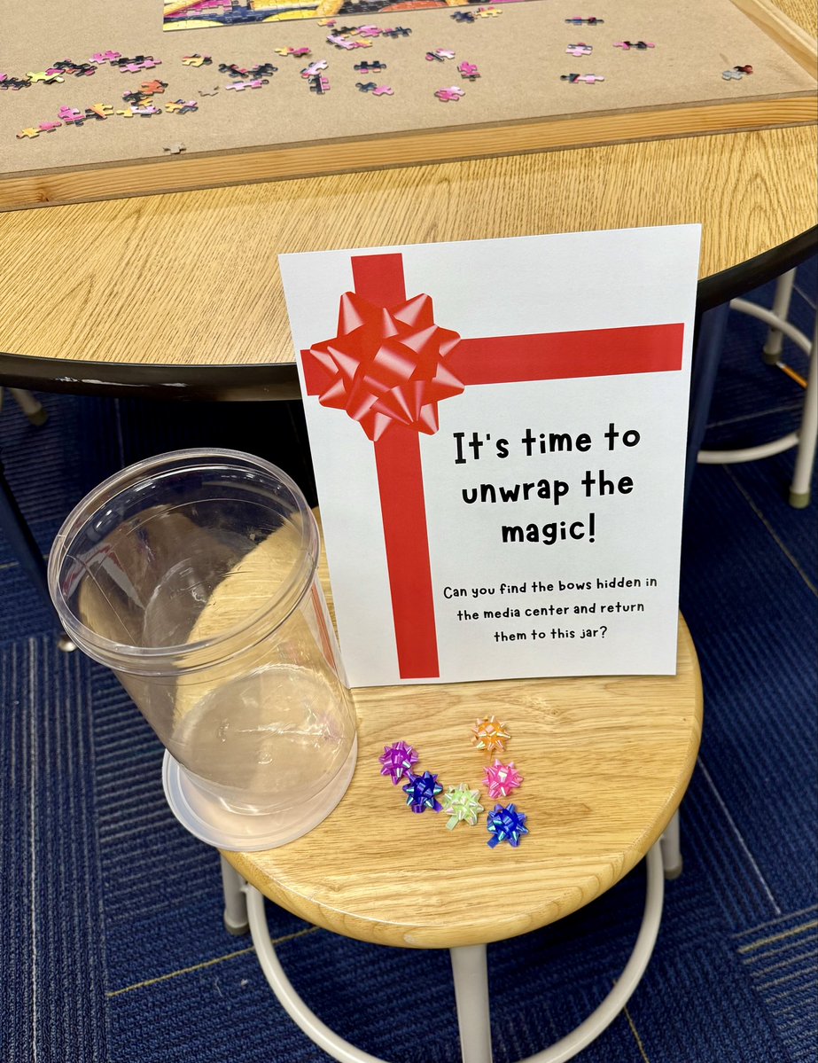 LoriTecler's tweet image. Last thing I did before leaving school today was hide 230 mini bows throughout the media center. Had to do something to follow up the dinosaur hunts from Dino-vember! #SchoolLibrary