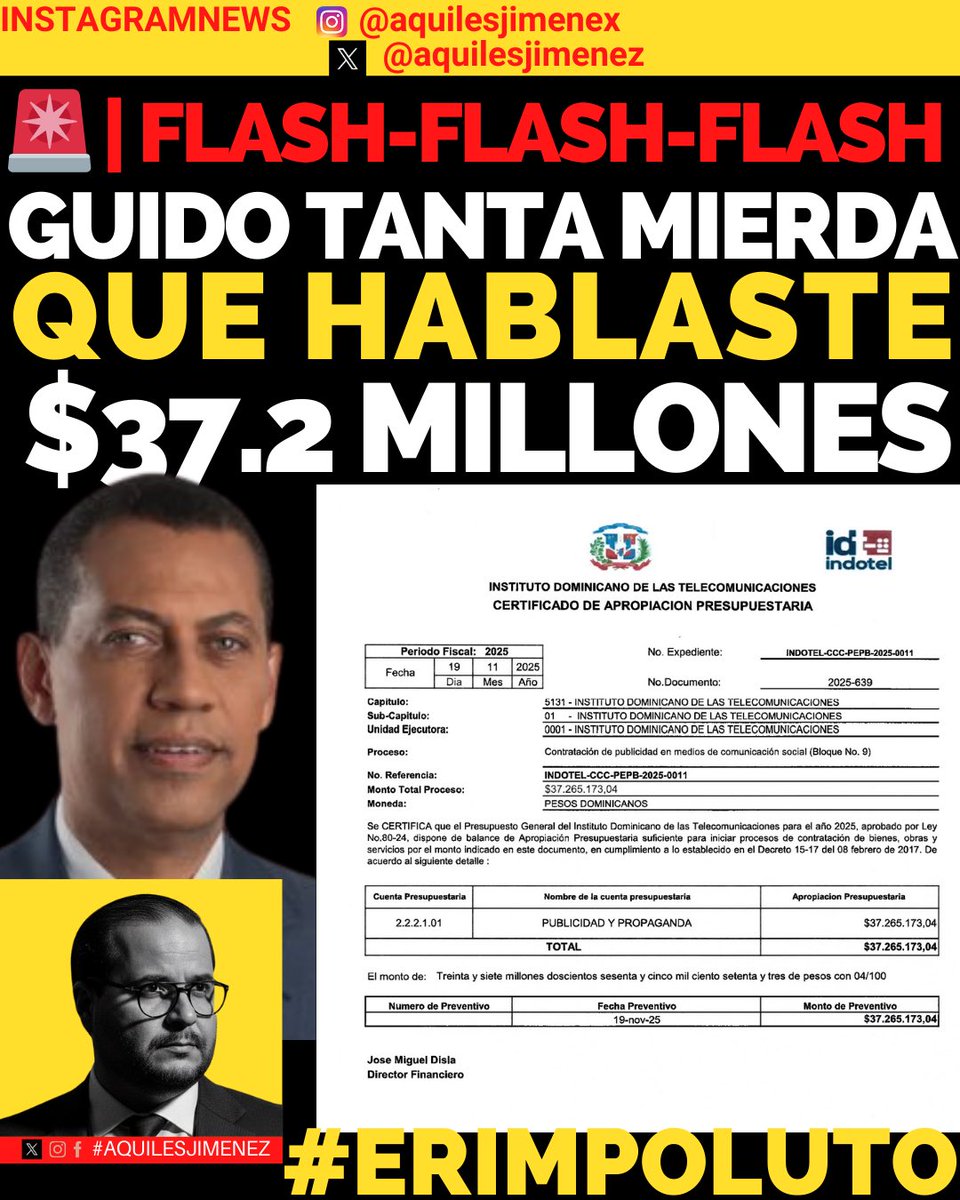 aquilesjimenez's tweet image. Tanta mierda que habló @ggomezmazara  Guido Gómez Mazara contra los “fondos de publicidad para bocinas”… y mírenlo ahora: $37 MILLONES EN PUBLICIDAD desde INDOTEL @IndotelRD .

El mismo que vivía dando cátedra de moral y atacando la “nómina de comunicadores”, ahora aprueba…