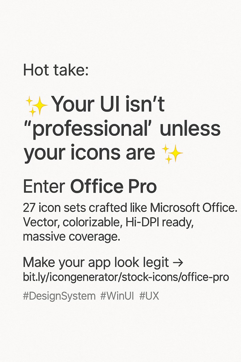 AxialisSoftware's tweet image. Designers &amp;amp; Devs: here’s an uncomfortable truth 👇
✨ Your UI isn’t really “professional”… unless your icons are.
We made a cleaner, softer version of our hot-take — feel free to steal it for your team 😄

#UIDesign #UXDesign #IndieDev #DevTools #DesignSystem