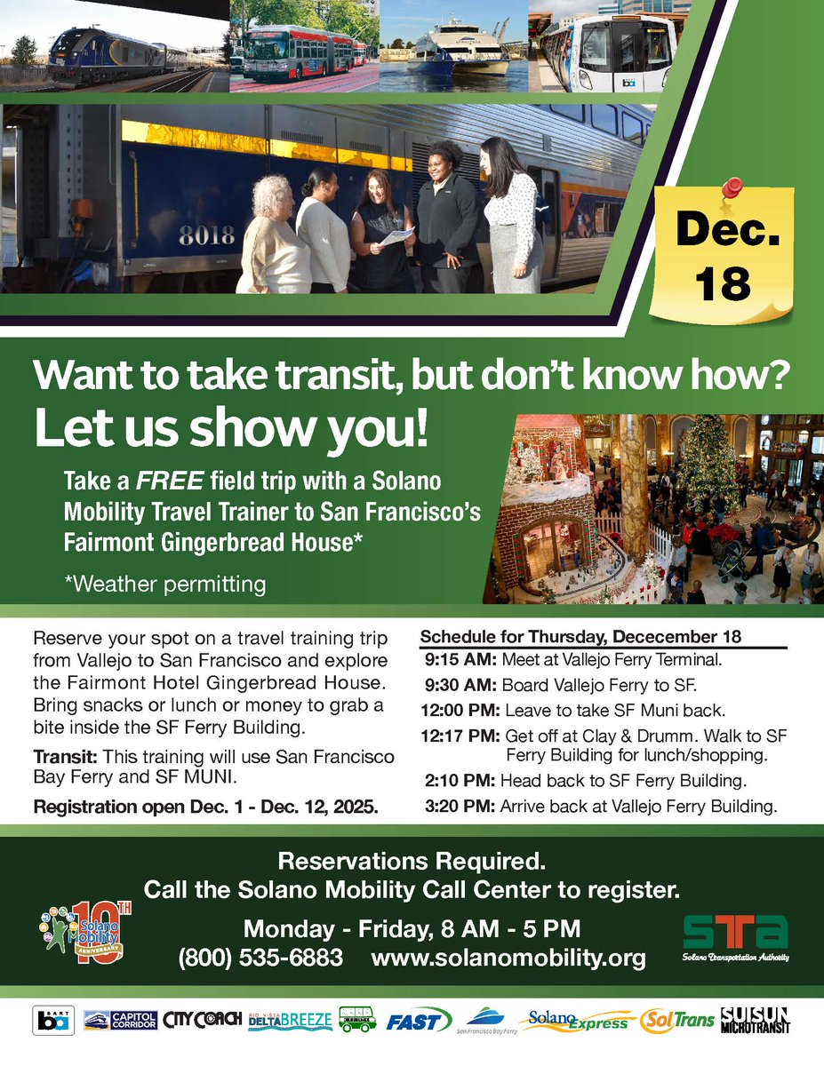 ⛴️🌲Thurs Dec 18th, take a FREE travel training trip from the <a href="/CityofVallejo/">City of Vallejo</a> Ferry Terminal to the famous @fairmontsanfrancisco Gingerbread House! Ride the <a href="/SFBayFerry/">San Francisco Bay Ferry</a> &amp; <a href="/SFMTA_Muni/">SFMTA</a>. Meet at 9:15.
Reservations close Dec 12th. Limited space.
Call 800-535-6883 to reserve your seat.