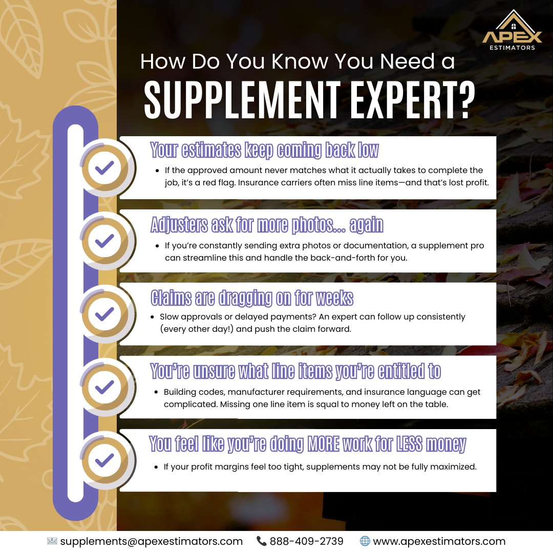 apexestimators's tweet image. How Do You Know You Need a Supplement Expert?
Not sure when to call in a supplement expert? Here are the top signs:

Ready to increase your profits? Let’s partner up!
📞888-409-2739
📧 supplements@apexestimators.com
🌐 apexestimators.com
