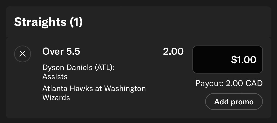🏀 NBA 🏀

🌟Dyson Daniels o5.5 Assists, 2.00 (1u)

Wizards have allowed the 2nd most assist per game. Dyson has gone over this in 7/L10 games. 

#NBA #GamblingX