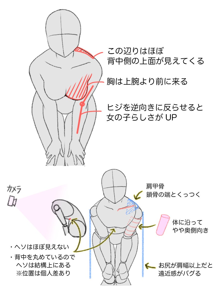 palmie_oekaki's tweet image. 前かがみポーズを描く時のポイントを解説✨
