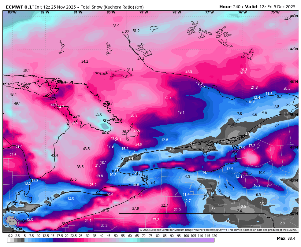 Déjà vu of December 2024?

Post below from November 25th, 2024 (1 year ago today)

Just like last year, the next 10 days are looking very snowy across the Southern #Ontario snowbelts with several systems and LES events

10 day snowfall totals through December 5th 👇

#OnWX