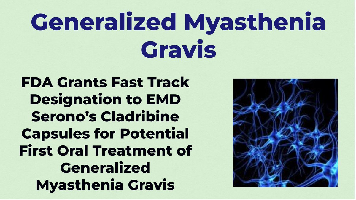 CheckOrphan's tweet image. FDA Grants Fast Track Designation to EMD Serono’s Cladribine Capsules for Potential First Oral Treatment of Generalized Myasthenia Gravis - For More Information Visit  shorturl.at/un33z  #EMD_Serono  #Rare_Diseases  #gMS  #FDA  #Myasthenia_Gravis  #OrphanDrugs
