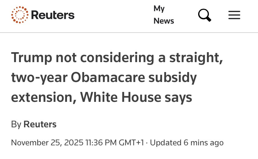 $OSCR

I don't think Trump completely walked back from ACA subsidy extension.

The key qualifier here is "straight."

I think they're considering some reforms and an extension to provide relief during the transition period.

That's what the language implies I believe.