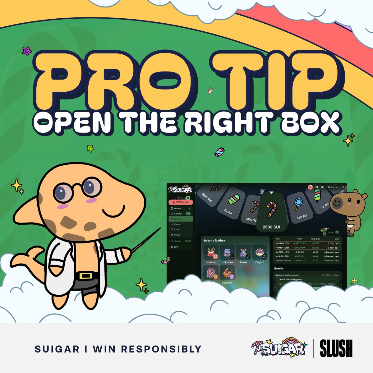 Suigar_com's tweet photo. GM Suifrens 🍬

Reminder that one good Lootbox hit can fix your whole mood 🍭
Not financial advice, just dopamine advice.

@Suigar_com × @SlushWallet #SUI #Gaming #Giveaway https://t.co/Py1kPY2QPk