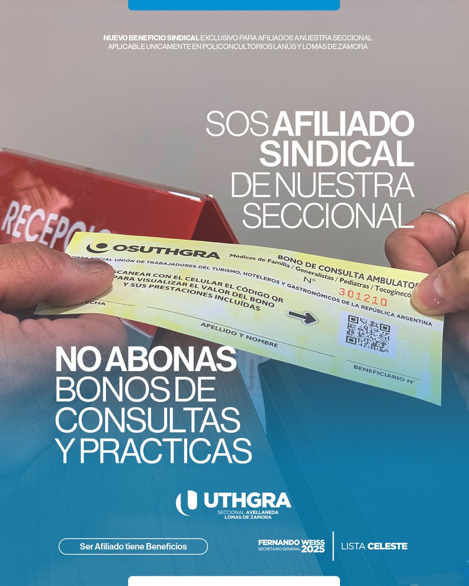 A partir del 1 Diciembre
Todos los trabajadores afiliados a #UTHGRAAvellaneda no pagan bonos de consultas y de prácticas, en los policonsultorios de Temperley y Lanús
Este beneficio es exclusivo para los afiliados titulares y su grupo familiar primario
#SerAfiliadotieneBeneficios